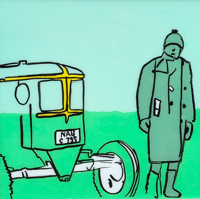 Hinterglasbild Mann mit Bulldog